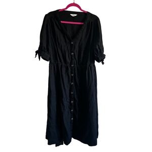 Time and Tru Women's XXL Black Linen Blend Midi Dress Button Front‎ Tie Sleeve